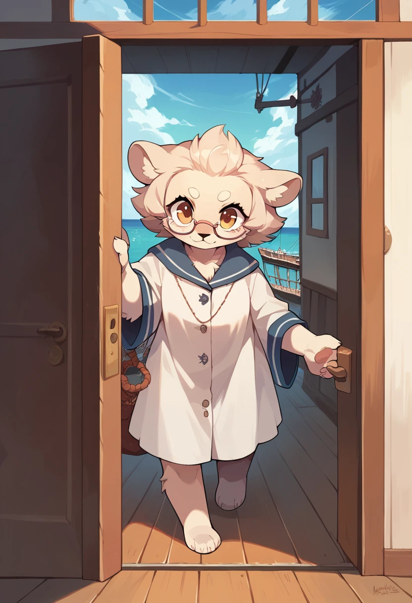 masterpiece, best quality(1girl, furry, ship, manul girl, side of door, glasses, animal nose, detail fur, adorable, black, glasses)looking at viewer, perfect light,
 