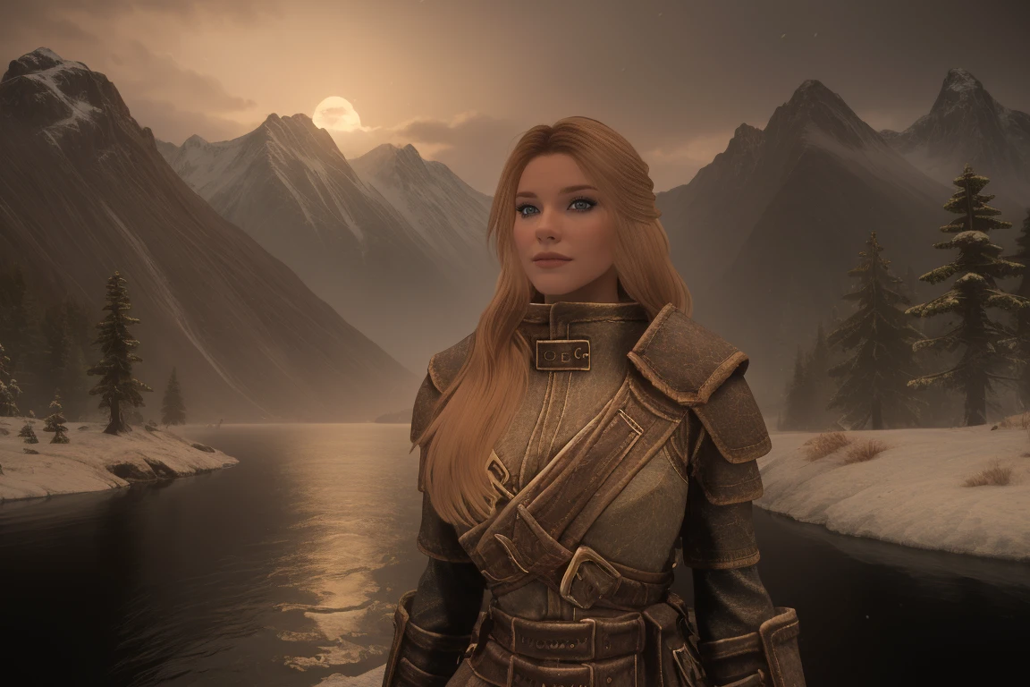 A lone figure, a majestic female Breton, stands at the bow of a ship cutting through the icy waters as it sets sail towards the frozen wilderness of Skyrim. The warmth of her fur-lined cloak and the golden glint of her long hair are contrasted against the chill of the snowy daytime landscape. Her hood is thrown back, revealing a determined gaze, as she gazes out at the horizon. , looking at the viewer, relaxed pose