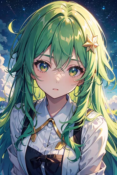 Green-haired girl looks hopefully into the sky, Brown eyes, nimbus, starry sky, hair color shimmers into a gradient from green t...