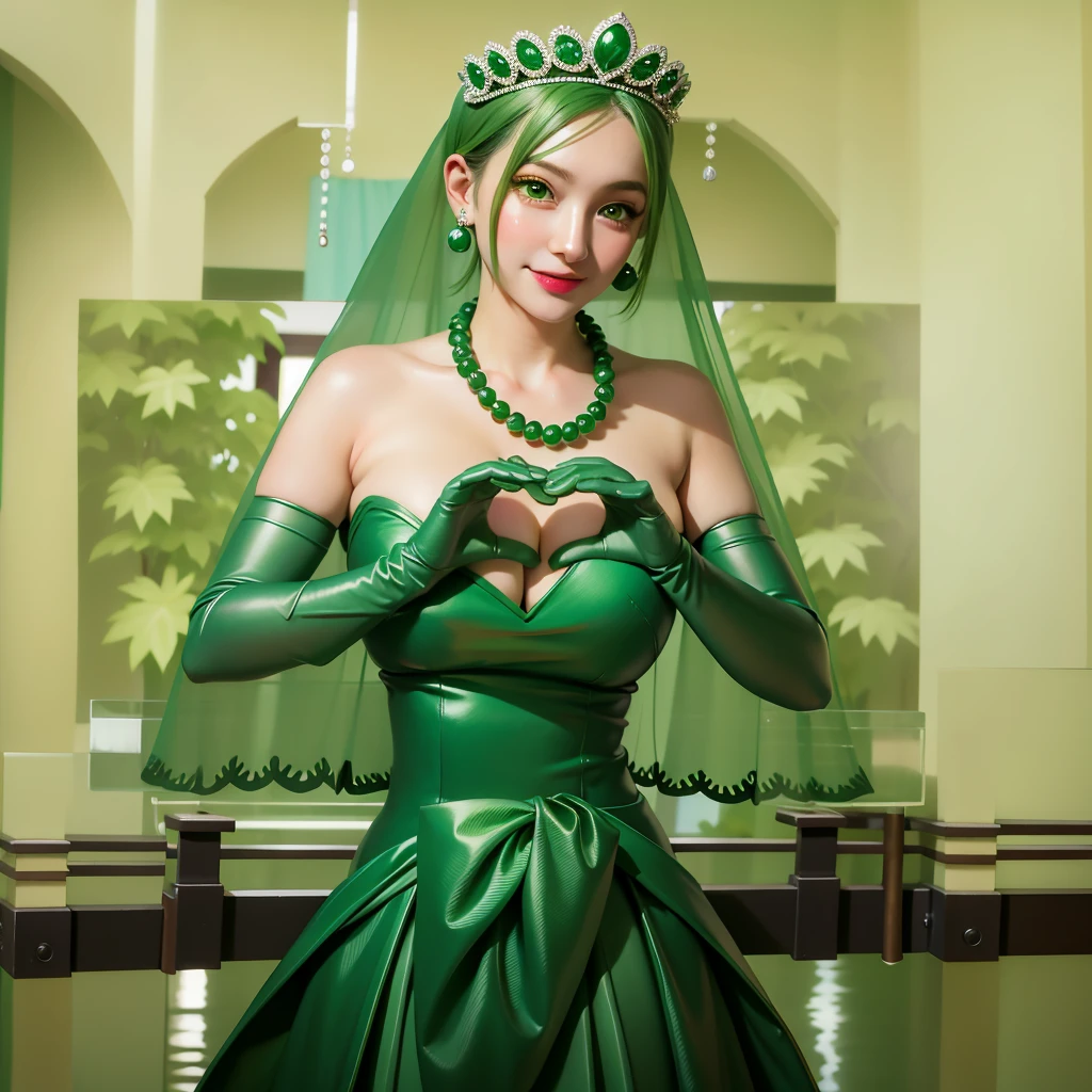 Emerald tiara, Green Pearl Necklace, ボーイッシュな非常に短いGreen Hair, Green Lips, Smiling Japanese woman, Very short hair, Busty beautiful lady, Green Eyes, Green satin long gloves, Green Eyes, Emerald Earrings, Green veil, Heart with both hands, Green Hair, Beautiful Japanese Women, Heart shaped hands:1.3, green lip gloss