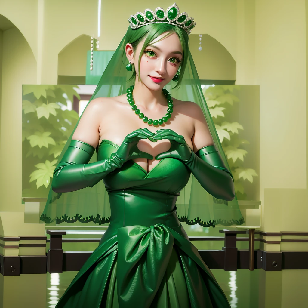 Emerald tiara, Green Pearl Necklace, ボーイッシュな非常に短いGreen Hair, Green Lips, Smiling Japanese woman, Very short hair, Busty beautiful lady, Green Eyes, Green satin long gloves, Green Eyes, Emerald Earrings, Green veil, Heart with both hands, Green Hair, Beautiful Japanese Women, Heart shaped hands:1.3, green lip gloss