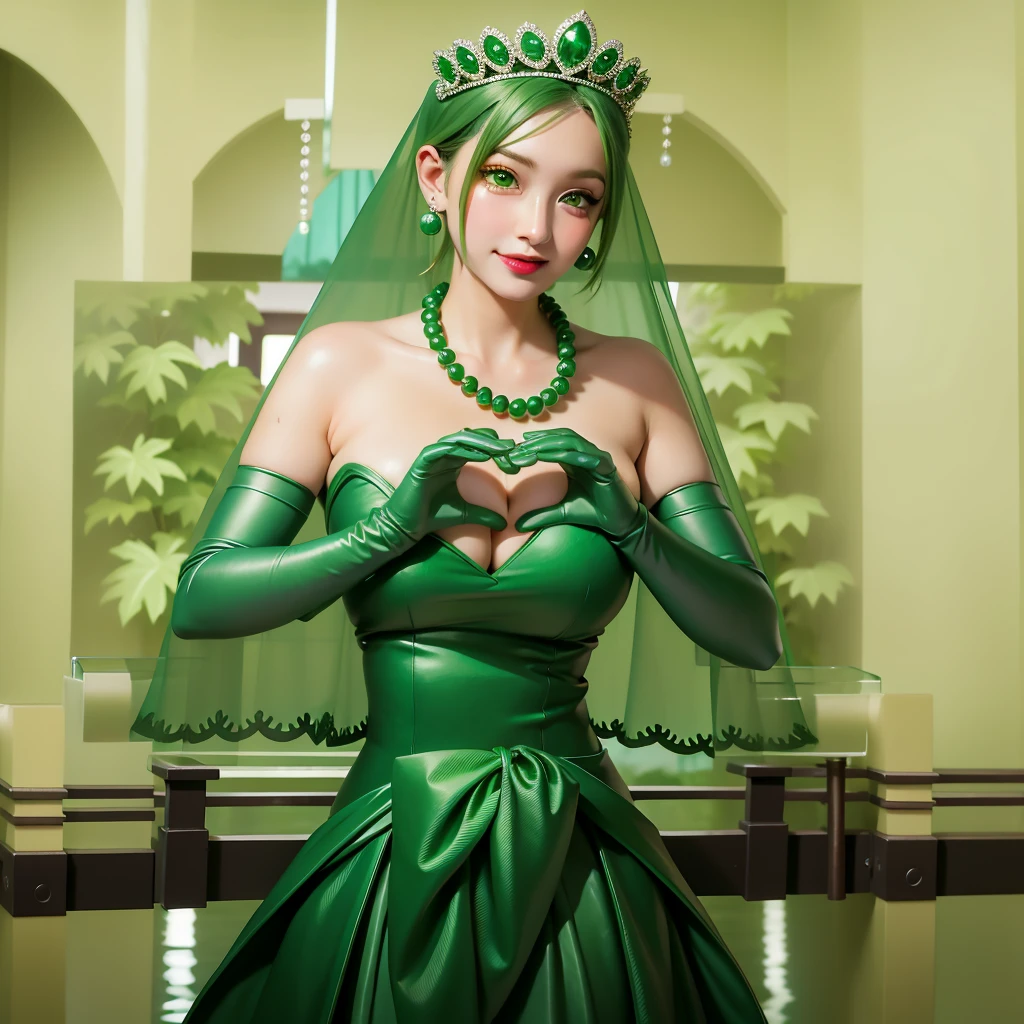 Emerald tiara, Green Pearl Necklace, ボーイッシュな非常に短いGreen Hair, Green Lips, Smiling Japanese woman, Very short hair, Busty beautiful lady, Green Eyes, Green satin long gloves, Green Eyes, Emerald Earrings, Green veil, Heart with both hands, Green Hair, Beautiful Japanese Women, Heart shaped hands:1.3, green lip gloss