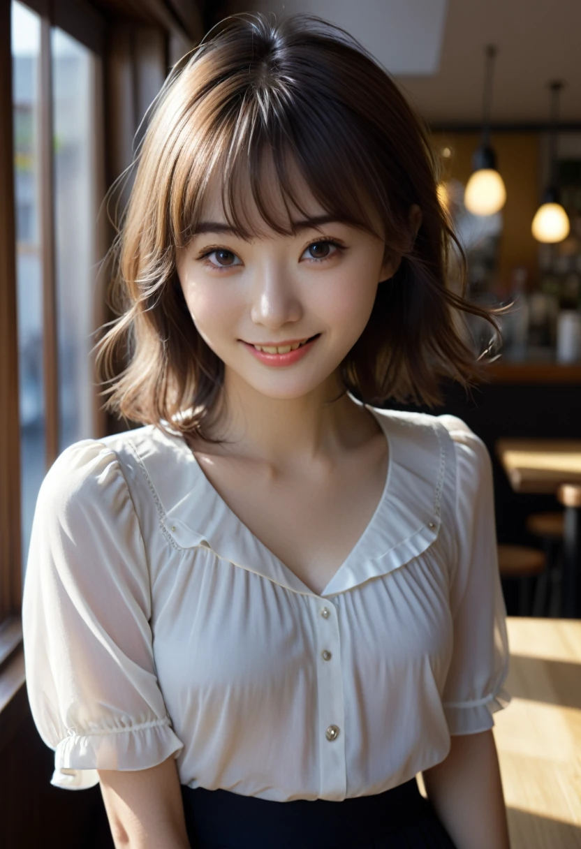 (Highest quality,8K quality,masterpiece:1.3),(Ultra-high resolution,Realistic:1.4,Live Shooting),(Very detailed,Caustics),(Ultra-Realistic Capture,Beautiful and detailed skin),19 years old,Beautiful Japanese, Medium Hair, Asymmetrical bangs, Brown Hair, I'm looking at the camera with a smile on my face,Soft Light,A ray of light shining from above,Natural light，((blouse))，(((One Woman))),Cafe