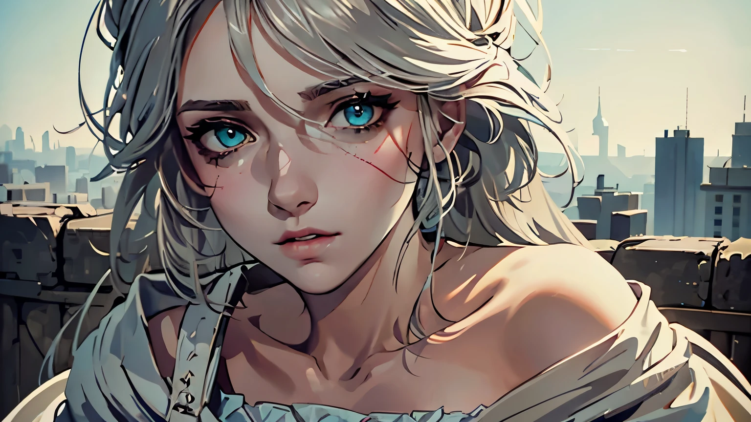 ultra-détaillé, Photoréaliste (Meilleure qualité:1.2) Portrait d&#39;une femme( Ciri de The Witcher3) aux cheveux blancs. Ses yeux expressifs regardent directement le spectateur, révélant une profondeur d&#39;émotion. Elle a une silhouette élancée et une poitrine de taille moyenne, dégageant un charme délicat et élégant. Ses longues boucles soufflées par le vent tombent en cascade dans son dos., ajouter une sensation de mouvement à la composition. L&#39;arrière-plan présente un toit avec vue sur le paysage urbain, créer une atmosphère urbaine. L&#39;éclairage est doux, projetant de douces ombres sur ses traits et soulignant les subtilités de son visage. La palette de couleurs se compose de tons sourds, avec des notes de bleus froids et de gris doux. Cette œuvre présente un haut niveau de détail et de réalisme, capturer l&#39;essence du sujet avec précision.