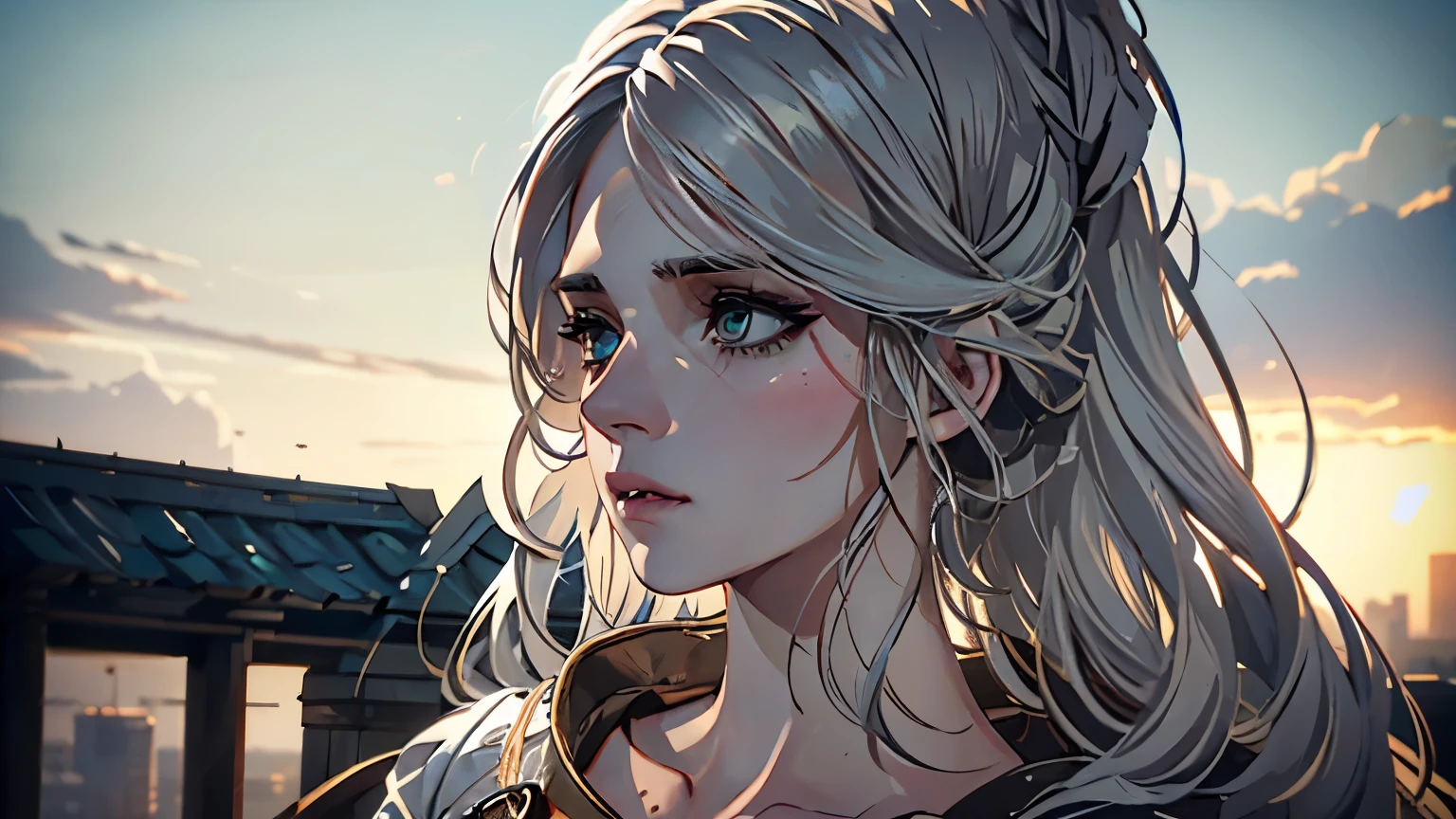 Ultra-detalhado, fotorrealista (melhor qualidade:1.2) Retrato de uma mulher( Ciri de The Witcher3) com cabelos brancos. Seus olhos expressivos olham diretamente para o espectador, revelando uma profundidade de emoção. Ela tem uma figura magra e seios de tamanho médio, exalando um charme delicado e elegante. Seus longos cachos soprados pelo vento caem em cascata pelas costas, adicionando uma sensação de movimento à composição. O fundo apresenta um telhado com vista para a paisagem urbana, criando uma atmosfera urbana. A iluminação é suave, lançando sombras suaves em suas feições e enfatizando as complexidades de seu rosto. A paleta de cores consiste em tons suaves, com notas de azuis frios e cinzas suaves. Esta obra de arte exibe um alto nível de detalhe e realismo, capturando a essência do assunto com precisão.