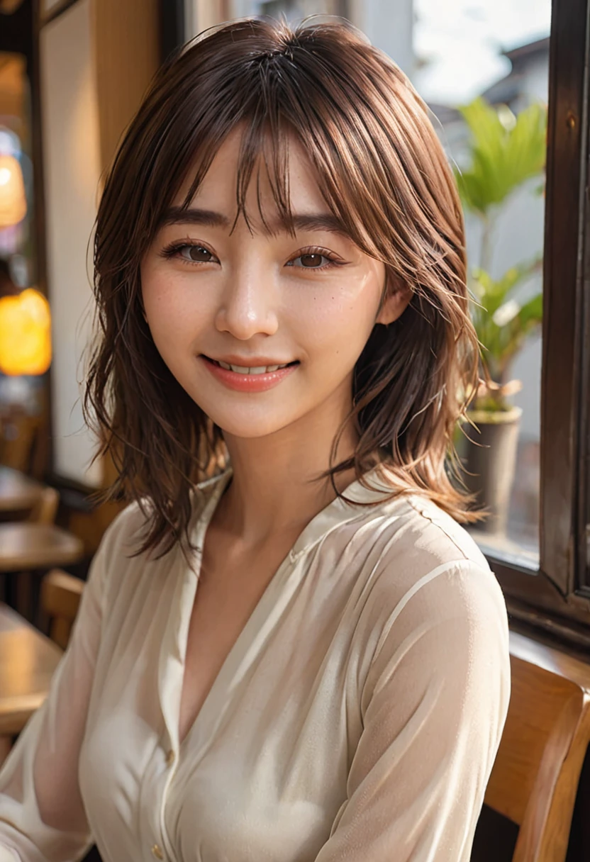 (Highest quality,8K quality,masterpiece:1.3),(Ultra-high resolution,Realistic:1.4,Live Shooting),(Very detailed,Caustics),(Ultra-Realistic Capture,Beautiful and detailed skin),19 years old,Beautiful Japanese, Medium Hair, Asymmetrical bangs, Brown Hair, I'm looking at the camera with a smile on my face,Soft Light,A ray of light shining from above,Natural light，((blouse))，(((One Woman))),Cafe