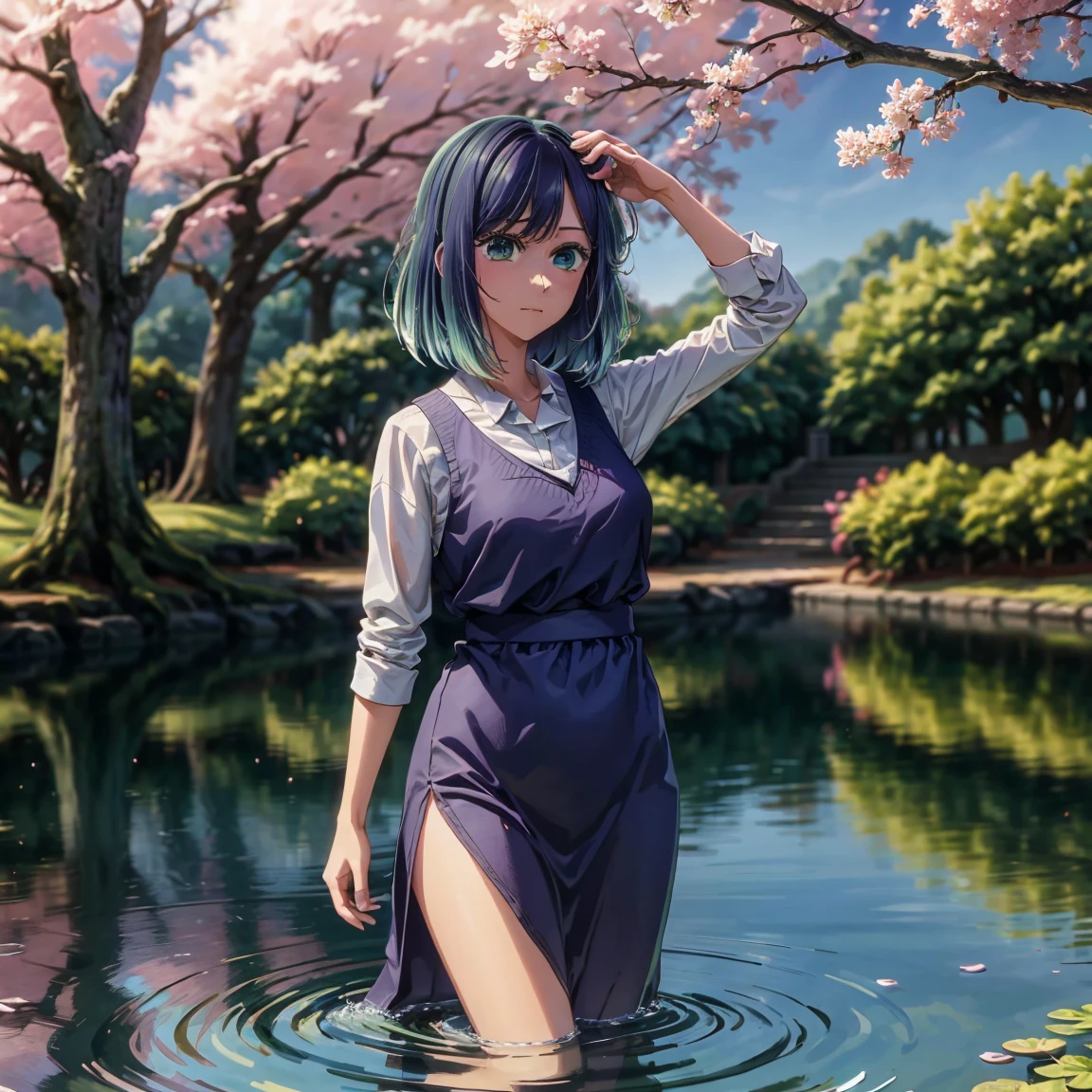 absurd, high resolution, ultra detailed, beautiful, masterpiece, best quality, ancient temples, lush gardens, bright colors, tranquil ponds, traditional architecture, cherry blossoms, tall body, tall, long legs, mature woman, mature, adult, , eft_oshi_akane, alone, 1 girl, blue hair, looking at viewer, medium hair, bangs, closed mouth, green eyes, multicolored hair, short hair, faded hair, blue eyes, more details XL