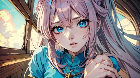 Anime girl with pink hair and blue eyes wearing a blue dress., portrait, Knights of the Zodiac, , detailed digital animated art,...