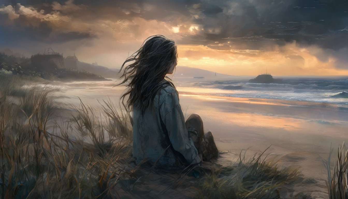 (masterpiece, best quality: 1.2), ultra detailed, cinematic lighting, HDR, illustration, landsape, 1girl, (soft colors), post-apocalyptic beach, the night, desolate atmosphere, girl sitting on the sand, covered vegetation, (overcast sky), waves crashing on the coast, (melancholic but hopeful), quiet moment of respite, (detailed textures), windswept hair, cloudy at night