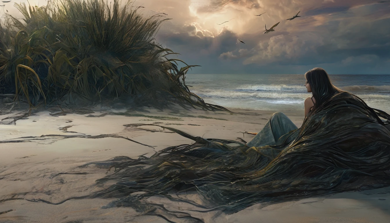 (masterpiece, best quality: 1.2), ultra detailed, cinematic lighting, HDR, illustration, landsape, 1girl, (soft colors), post-apocalyptic beach, the night, desolate atmosphere, girl sitting on the sand, covered vegetation, (overcast sky), waves crashing on the coast, (melancholic but hopeful), quiet moment of respite, (detailed textures), windswept hair, cloudy at night