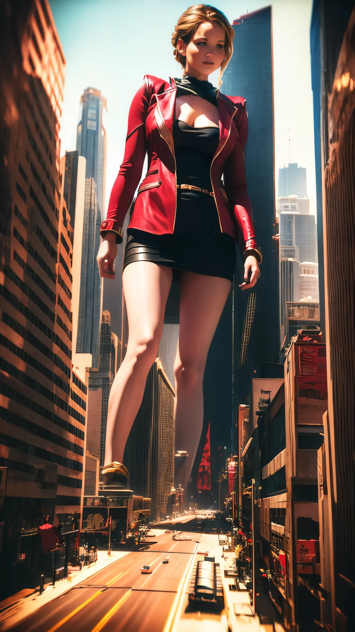 A giant woman in a red suit lying on top of a cyberpunk city, Little guys running around the giant girl, Standing on her hand, cgsociety 9, 2. 5 d cgi fantasy art, engine rendering unreal + a goddess, full body cgsociety, artgerm ; Hyper realistic 3d content, giant art, super detailed 3d matte paintings, super detailed 3d matte paintings, realistic fantasy art, realistic 3 d anime style. Beautiful girl. Big thighs."The little stood on the top of a high-rise building waving to the girl". jennifer Lawrence. Wear short skirts.