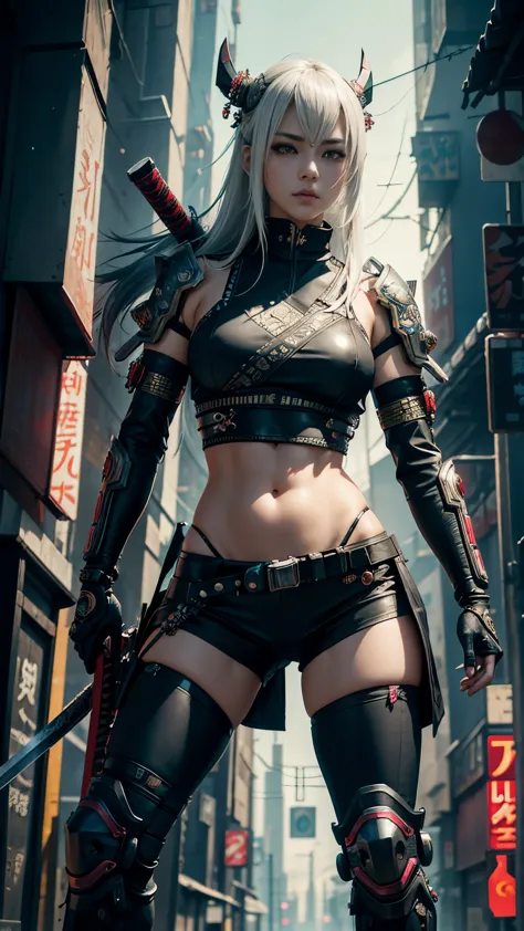 Hyperrealistic version of a woman with a sword in her hand, very beautiful cyberpunk samurai, anime cyberpunk art, cyberpunk sam...