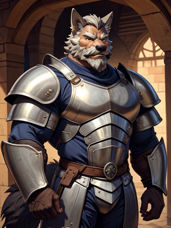 burly virile hairy man, with two wolf ears and a bushy tail, in a suit of armor, middle-aged, hirsute, overmuscular and musclebound, bulging veiny muscles, a warrior's build, a bodybuilder's physique, long bushy and a thick mustache, a square jaw, handsome and dreamy, grey hair, a knight clad in full armor