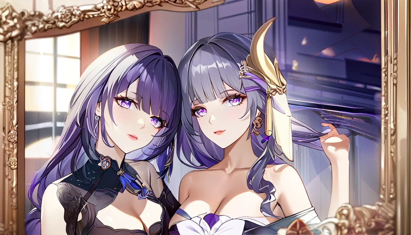 2girls, both from Honkai Star rail, selfie in mirror, long purple hair, long gray hair, beautiful detailed eyes, beautiful detailed lips, extremely detailed eyes and face, long eyelashes, intricate hairstyles, elegant outfits, posed selfie, warm lighting, depth of field, soft shadows, vibrant colors, digital art, photorealistic, 8k, high quality, masterpiece, concept art, fantasy