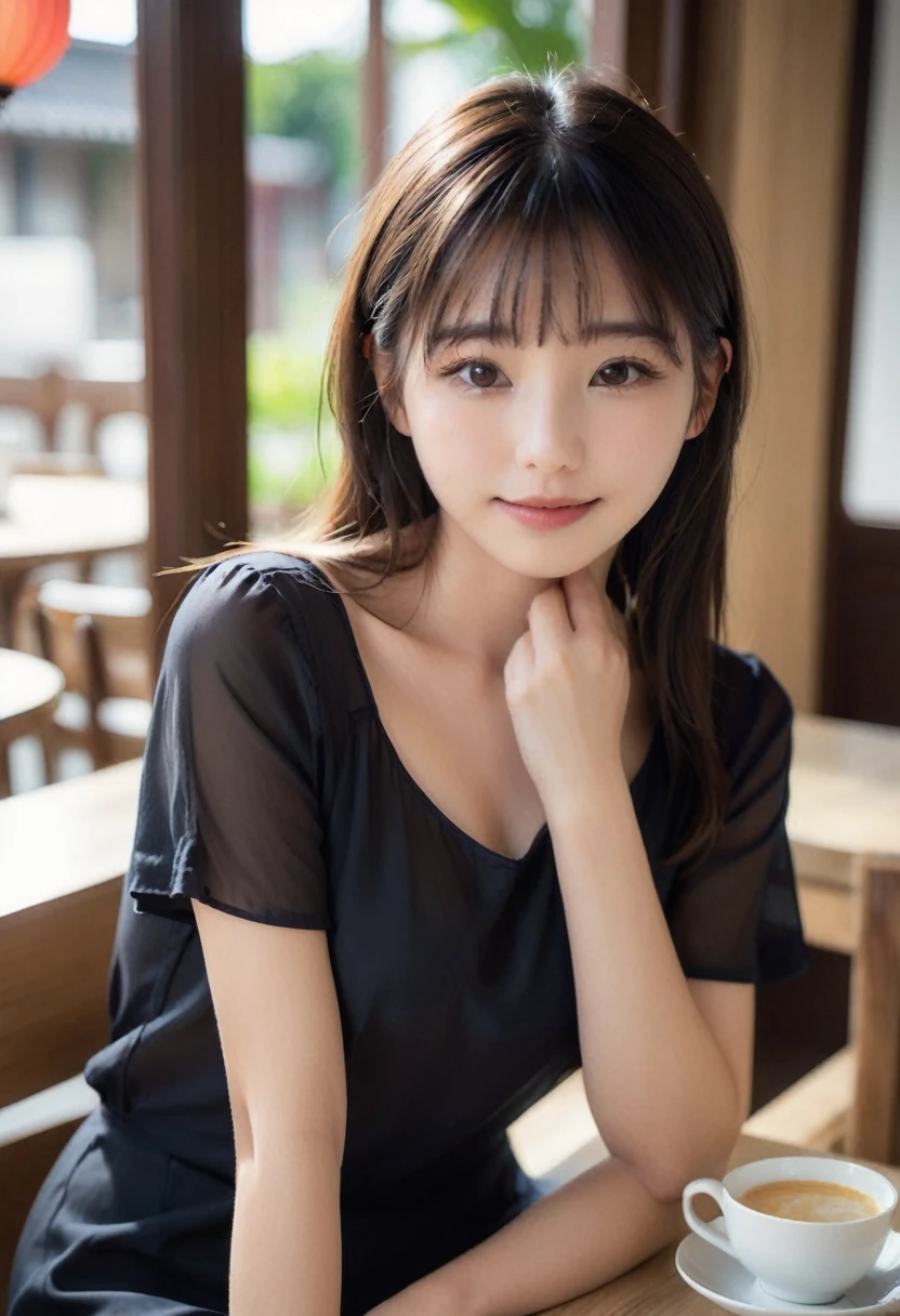 (Highest quality,8K quality,masterpiece:1.3),(Ultra-high resolution,Realistic:1.4,Live Shooting),(Very detailed,Caustics),(Ultra-Realistic Capture,Beautiful and detailed skin),19 years old,Beautiful Japanese, Medium Hair, Asymmetrical bangs, Brown Hair, I'm looking at the camera with a smile on my face,Soft Light,A ray of light shining from above,Natural light，((blouse))，(((One Woman))),Open Cafe