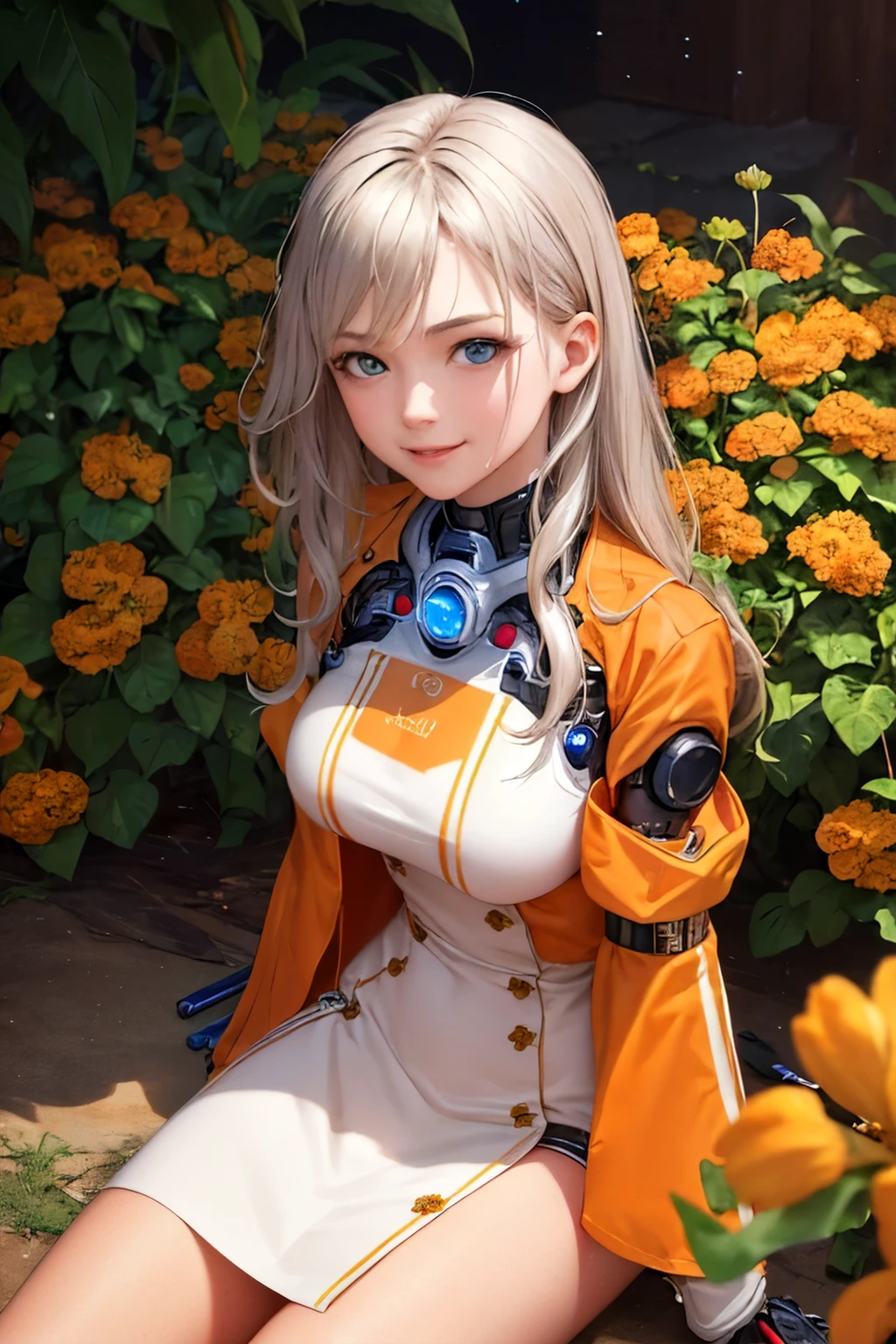 (masterpiece:1,2), best quality, highres, original, extremely detailed wallpaper, looking at viewer, (sitting:1.4), A robotic girl stands in the center, (orange flowers:1.4), 1humanoid cyborg girl, happy, smile, (mechanical hand:1.05), [[cyborg]], metallic mixture, drawing, paintbrush, (glowing_eyes:0.95), (separate sleeves), silver long_hair, hair_between_eyes, sigma 135mm lens, (cowboy shot:1.2), upper body, perfect lighting, (extremely detailed CG:1.2), 8k, (commemorative photo:1.4)