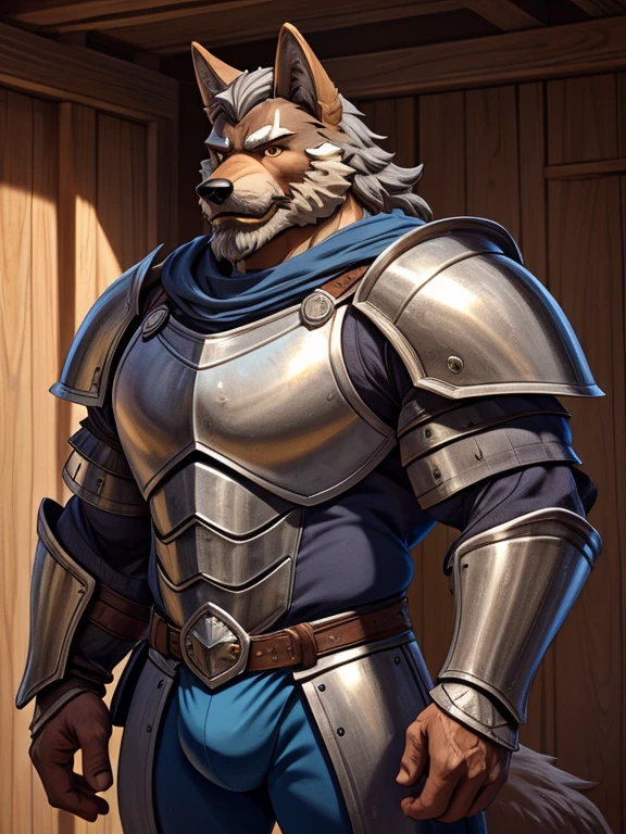 burly virile hairy man, with two wolf ears and a bushy tail, in a suit of armor, middle-aged, hirsute, overmuscular and musclebound, bulging veiny muscles, a warrior's build, a bodybuilder's physique, long bushy and a thick mustache, a square jaw, handsome and dreamy, grey hair, a knight clad in full armor