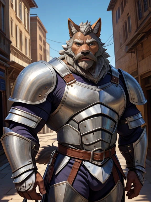 burly virile hairy man, with two wolf ears and a bushy tail, in a suit of armor, middle-aged, hirsute, overmuscular and musclebound, bulging veiny muscles, a warrior's build, a bodybuilder's physique, long bushy and a thick mustache, a square jaw, handsome and dreamy, grey hair, a knight clad in full armor