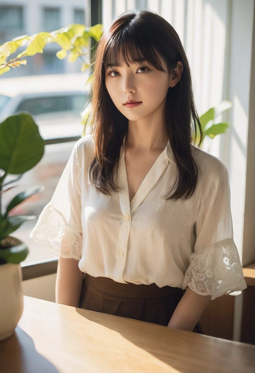 (Highest quality,8K quality,masterpiece:1.3),(Ultra-high resolution,Realistic:1.4,Live Shooting),(Very detailed,Caustics),(Ultra-Realistic Capture,Beautiful and detailed skin),19 years old,Beautiful Japanese, Medium Hair, Asymmetrical bangs, Brown Hair, I'm looking at the camera with a smile on my face,Soft Light,A ray of light shining from above,Natural light，((blouse))，(((One Woman))),Open Cafe