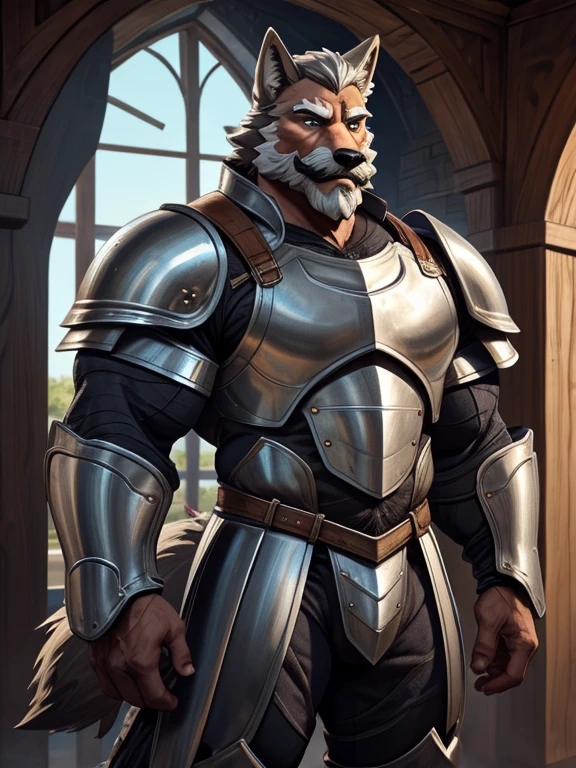 burly virile hairy man, with two wolf ears and a bushy tail, in a suit of armor, middle-aged, hirsute, overmuscular and musclebound, bulging veiny muscles, a warrior's build, a bodybuilder's physique, long bushy and a thick mustache, a square jaw, handsome and dreamy, grey hair, a knight clad in full armor