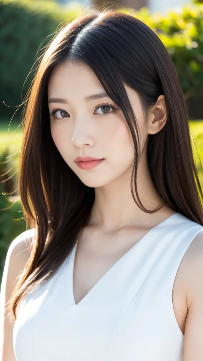 Generate an image of a beautiful woman with features resembling Ryoko Hirosue. She should have a gentle smile, almond-shaped eyes, and long, flowing dark hair. The complexion should be fair and smooth, with a hint of warmth. The overall expression should convey elegance and grace, similar to a portrait captured in natural soft lighting