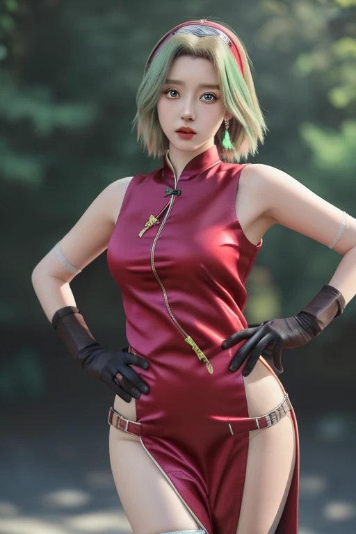 best quality, afterglow, 4k, ((masterpiece)), extremely detailed, 8k, trending on ArtStation, Intricate, High Detail, Sharp focus, haruno sakura green eyes,  black gloves, hairband, sleeveless, thighs, thick thighs, wide hips, standing, (china dress, pelvic curtain), 