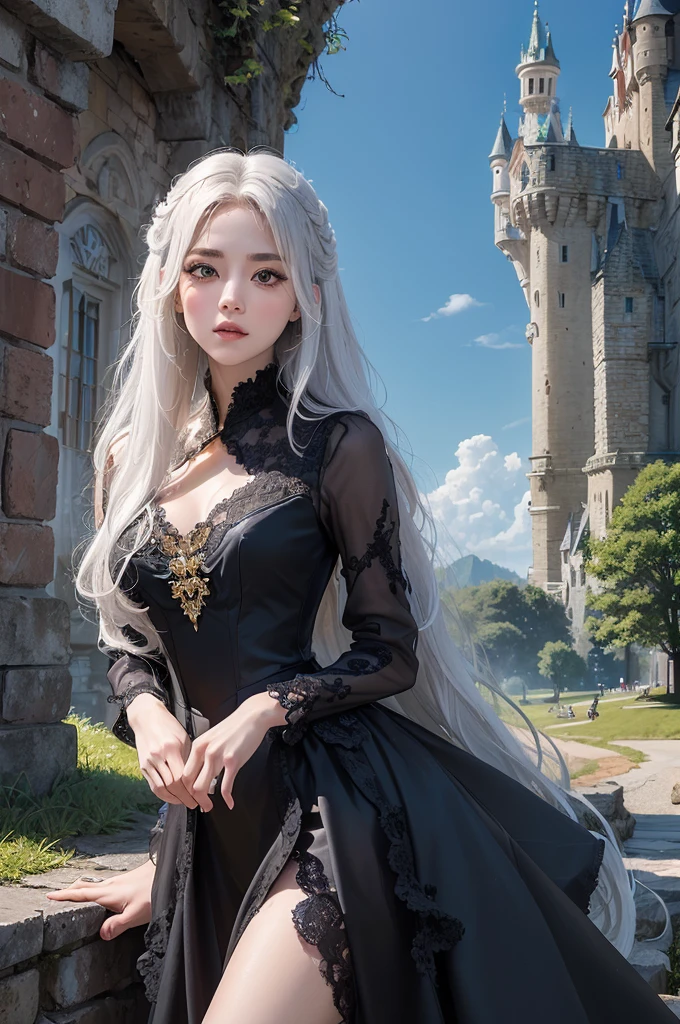 ((masterpiece:1.5,Highest quality,Highly detailed images,Beautiful images、Realistic、Photorealistic、2.5D))(1girl, solo)(Adult women、medium breasts, white hair, black eyes, Healthy legs、Tight ass、Beautiful cleavage)(Fantasy dresses、Fantasy Clothes、Black battle dress、Deep slit)(smile, wind, floating hair)(Inside the castle、The King's Chamber）
