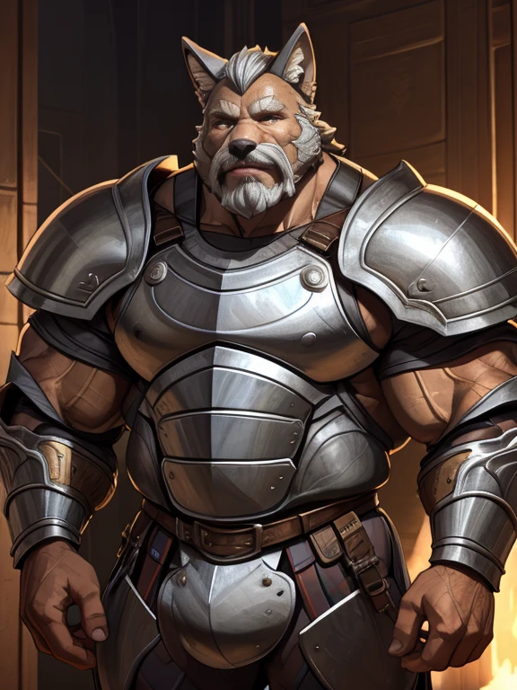 burly virile hairy man, with two wolf ears and a bushy tail, in a suit of armor, middle-aged, hirsute, overmuscular and musclebound, bulging veiny muscles, a warrior's build, a bodybuilder's physique, long bushy and a thick mustache, a square jaw, handsome and dreamy, grey hair, a knight clad in full armor