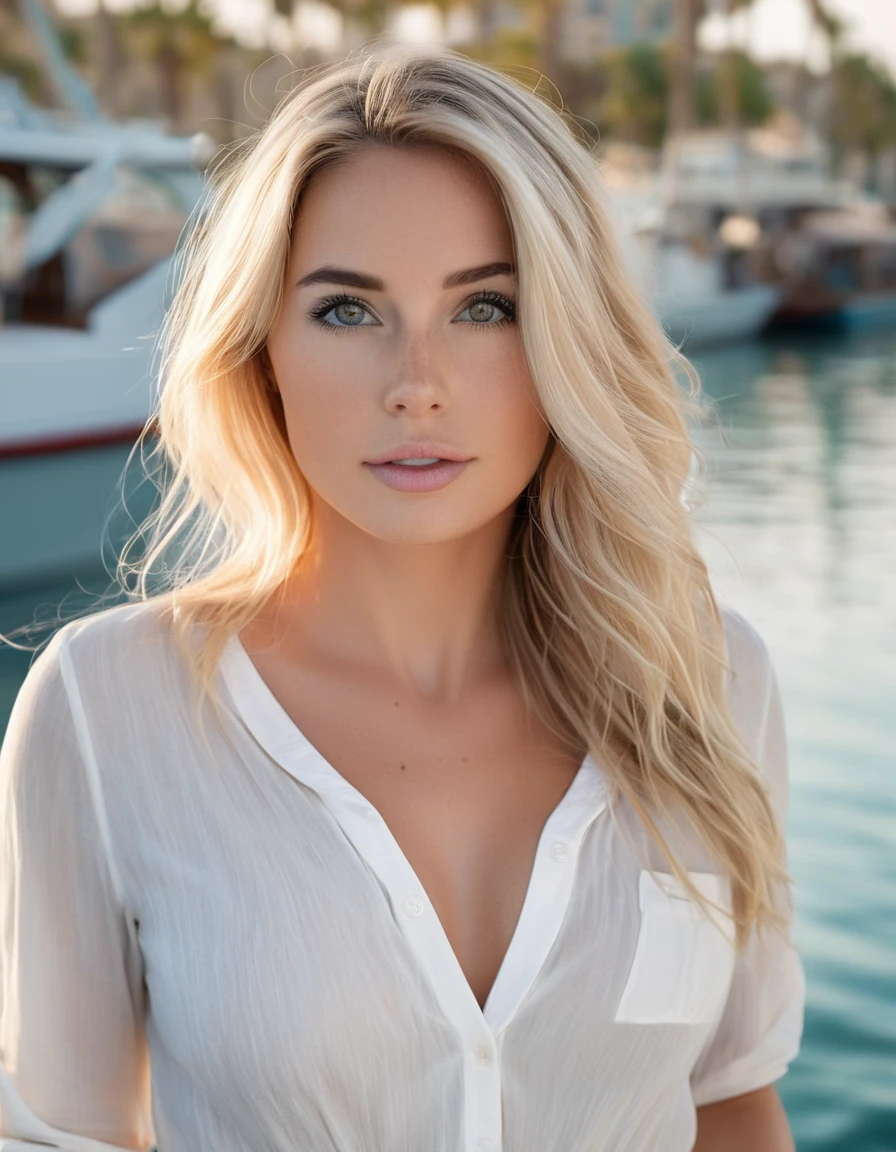 professionelles Foto eines wunderschönen norwegischen Mädchens in Unterwäsche((mit großen Brüsten)) mit langen gewellten blonden Haaren, sinnlicher, koketter Blick, wunderschönes symmetrisches Gesicht, ziemlich natürliches Make-up, elegante modische Unterwäsche tragen, ((draußen auf dem Heck eines Bootes stehen)), herrliche Aussicht auf die Umgebung von Dubai, ultra-realistisch, Konzeptkunst, elegant, Sehr detailiert, Komplex, scharfer Fokus, Tiefenschärfe, F/1. 8, 85mm, Mittlere Aufnahme, Mittelebene, (((professionell farbkorrigiert))), helles weiches diffuses Licht, (volumetrischer Nebel), Trend auf Instagram, hdr 4k, 8k