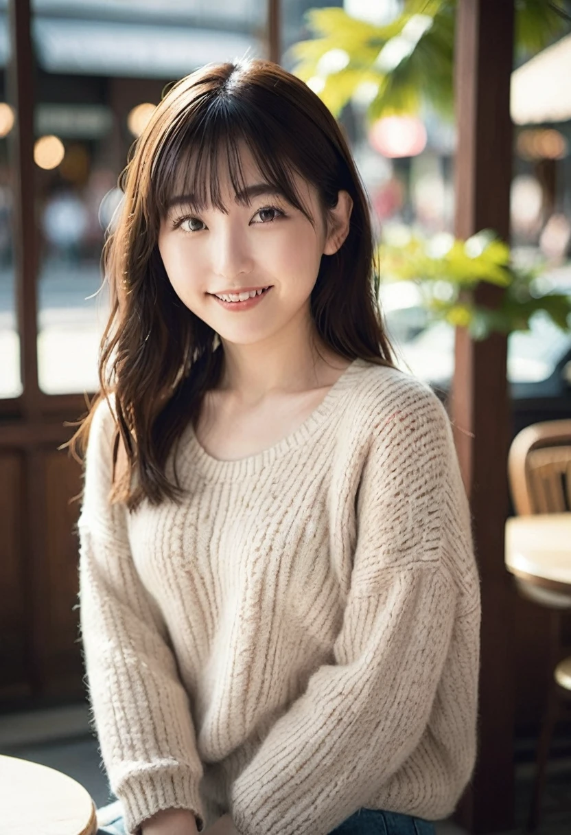 (Highest quality,8K quality,masterpiece:1.3),(Ultra-high resolution,Realistic:1.4,Live Shooting),(Very detailed,Caustics),(Ultra-Realistic Capture,Beautiful and detailed skin),19 years old,Beautiful Japanese, Medium Hair, Asymmetrical bangs, Brown Hair, I'm looking at the camera with a smile on my face,Soft Light,A ray of light shining from above,Natural light，((Summer Sweater))，(((One Woman))),Open Cafe