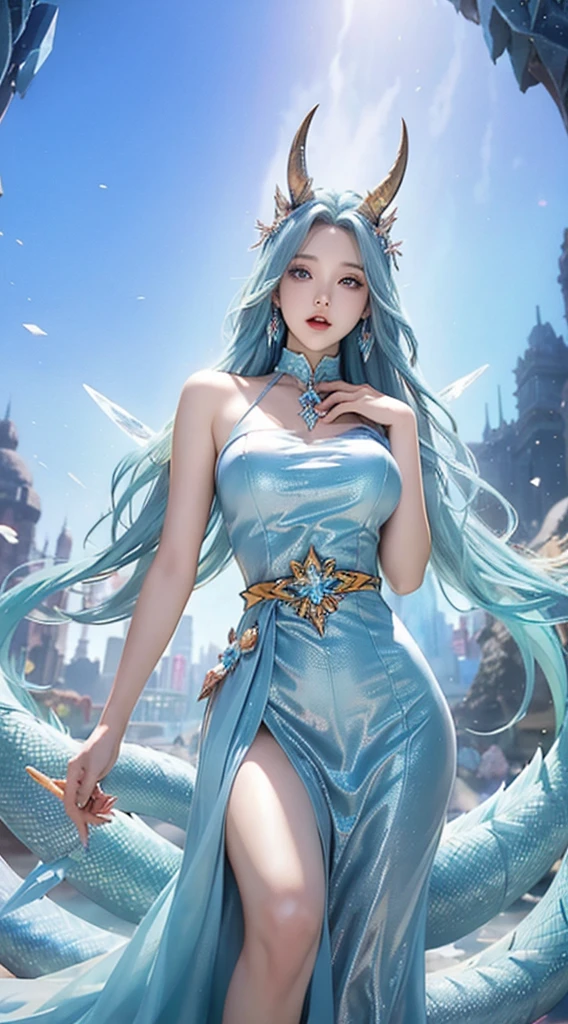 best qualityer，tmasterpiece，Ultimate resolution，downy，Extremely colorful，Colorful，palace background，A dragon girl，Royal Sister，Light blue bandeau maxi dress，huge tit，A pair of ice crystal dragon horns，（Ice blue super long hair），Ice crystal palace background，Grand，epic sense，Normal posture