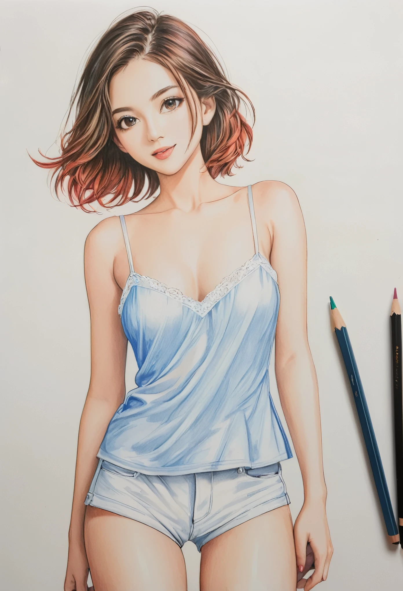  female，short camisole，white，Art，ad，colour pencil drawing，draft drawing 