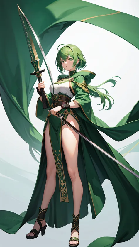 Strong women, Green Hair, Brown robes, Female Swordsman, tall, Full body side view, View Viewer, Pure white background