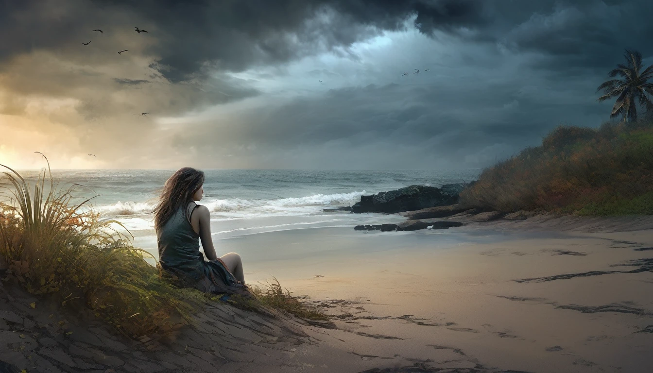 (masterpiece, best quality: 1.2), ultra detailed, cinematic lighting, HDR, illustration, landscape, 1girl, (harsh colors), post-apocalyptic beach, night at last, desolate atmosphere, girl sitting on the sand, covered vegetation, (overcast sky), waves crashing on the coast, (melancholic but hopeful), quiet moment of respite, (detailed textures), windswept hair, cloudy at night