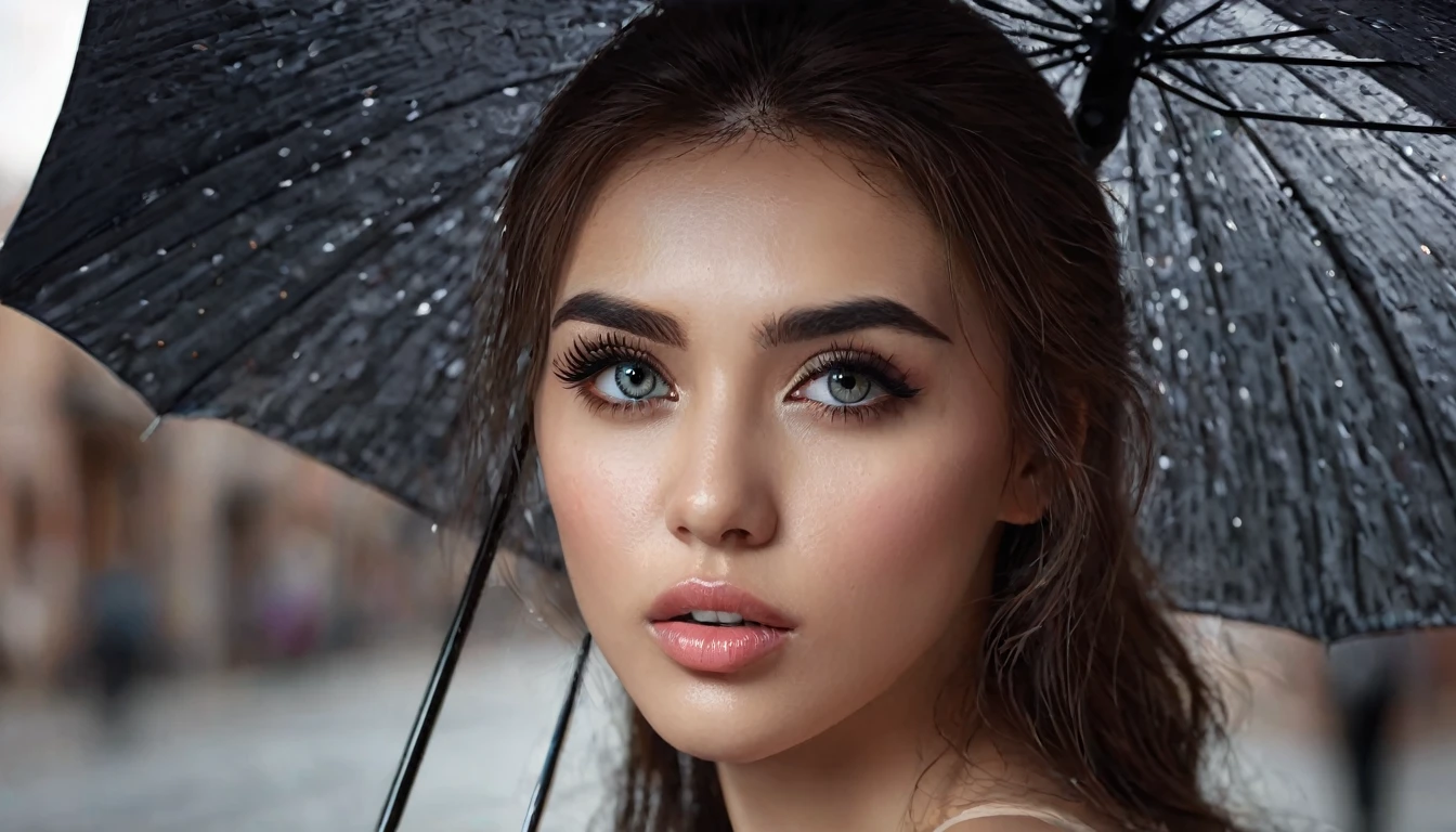 a person holding an umbrella, beautiful detailed eyes, beautiful detailed lips, extremely detailed eyes and face, long eyelashes, realistic, photorealistic, photo-realistic:1.37, best quality, 8k, highres, masterpiece:1.2, ultra-detailed, dynamic pose, dramatic lighting, cinematic composition, vibrant colors, moody atmosphere, intricate details