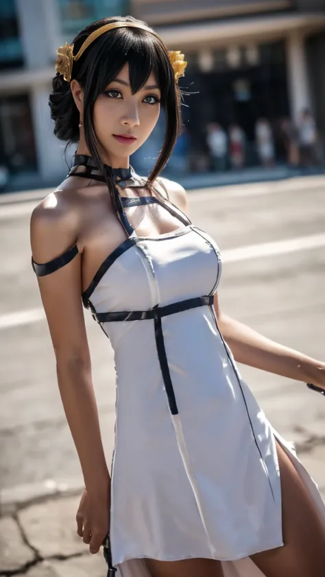 ((Yoro Cosplay)), ((A very cute white girl is cosplaying as you, Stand on the side of the road), 1 Girl, Wide range photograph撮影...