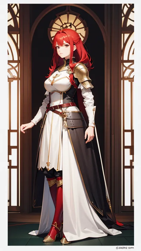 Red Hair, female knight, tall, Full body side view, View Viewer, Pure white background