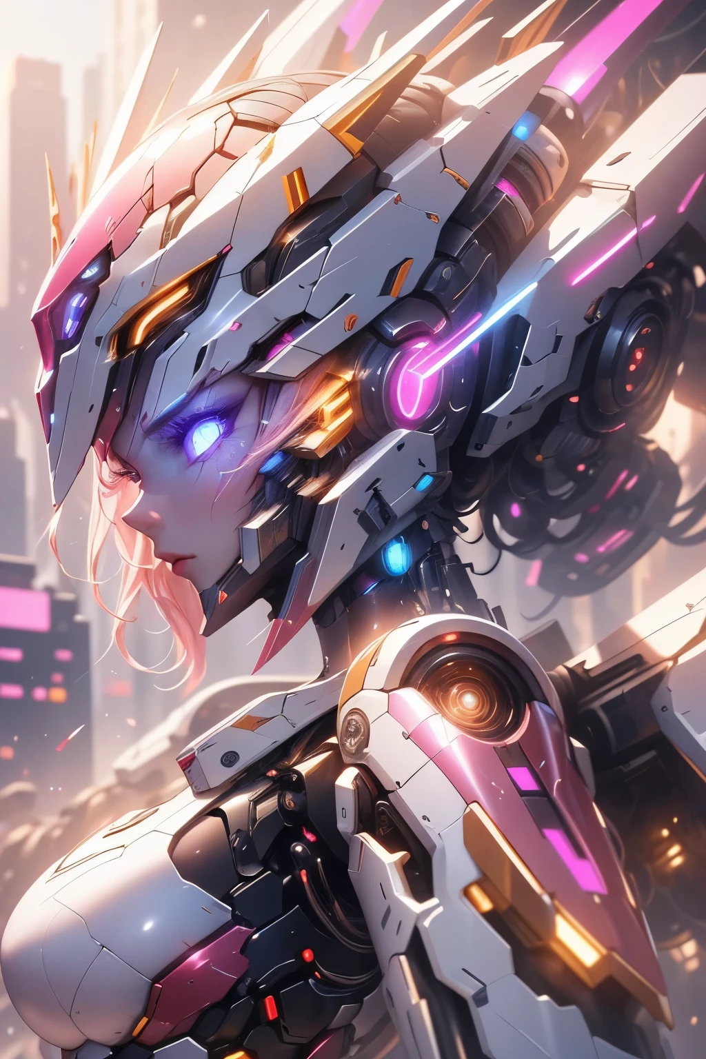 a woman robot from 2099, extremely detailed, cinematic lighting, dramatic pose, neon cyberpunk city background, hyper realistic, 8k, award winning digital art, intricate machinery, glowing eyes, chrome metal skin, dynamic composition, stunning colors, photorealistic, chiaroscuro lighting, elegant and powerful, futuristic, cinematic angle