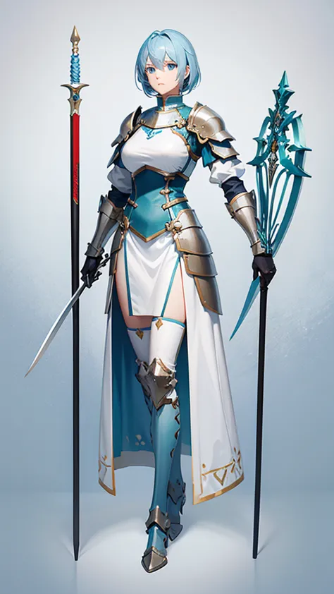 Light blue hair, female knight, Spearman, tall, Full body side view, View Viewer, Pure white background