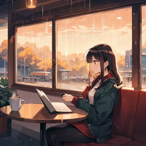 Scene of a cafe with rain falling outside the window, a girl is reading a book while drinking hot chocolate at a window seat, wa...