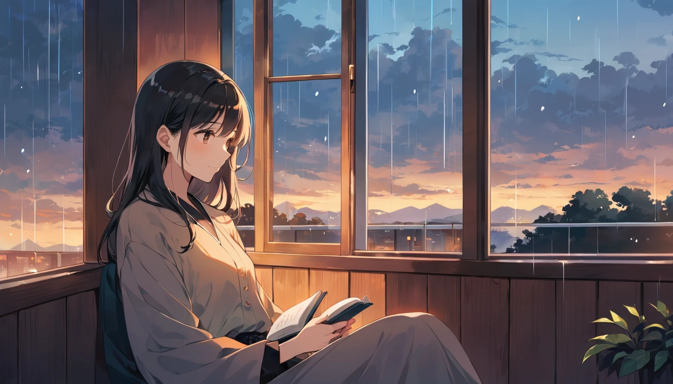 Scene of a cafe with rain falling outside the window, a girl is reading a book while drinking hot chocolate at a window seat, warm light and calm expression are impressive, Japanese anime style