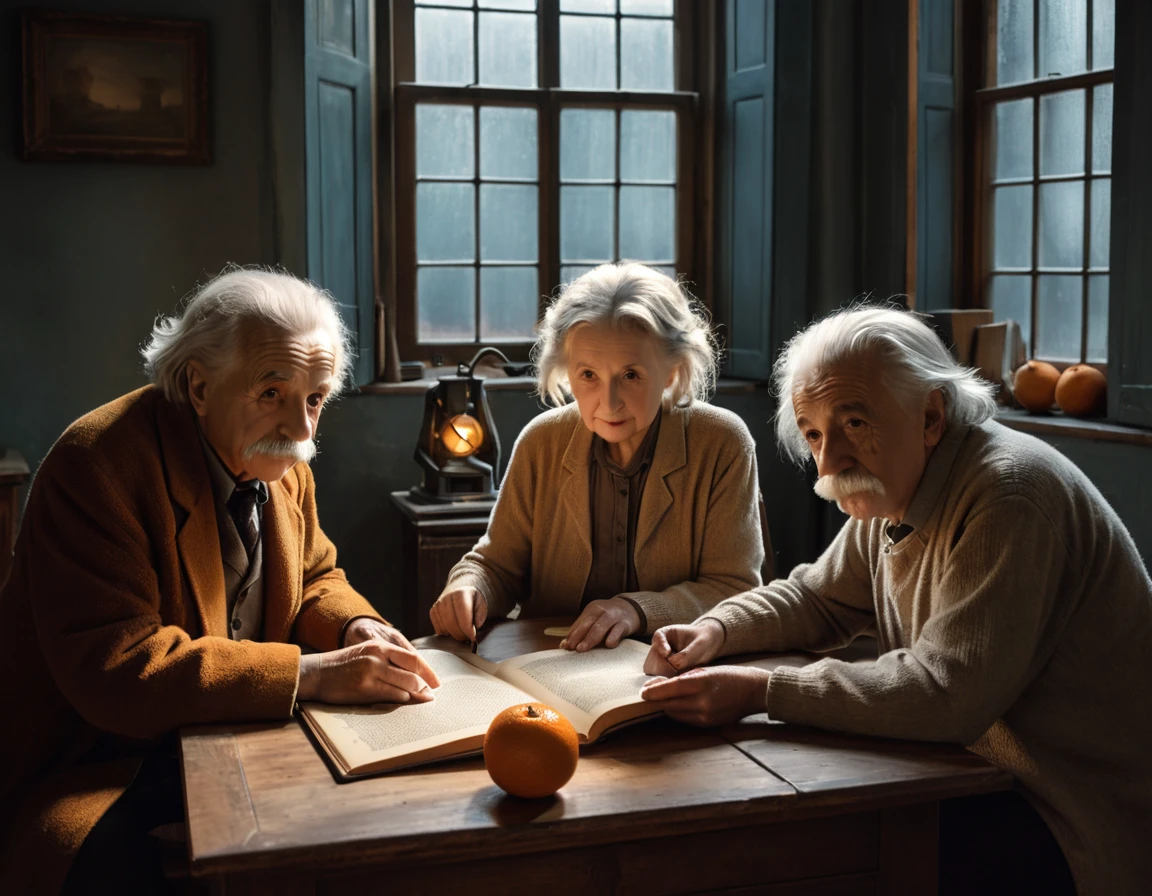 3 elderly people, only one is Albert Einstein, pointing to a computer in lanhouse, ominous windows shrouded in mist, casting a mysterious and mystical ambience, as if the shadows themselves were about to reveal a sinister secret, with a warm and soft tones of burnt oranges, faded golds and dusty blues, evoking a sense of aged and forgotten knowledge, surrounded by scattered, dusty tomes and ancient scientific instruments, bathed in a warm, soft glow.