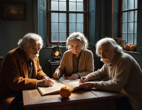 3 elderly people, only one is albert einstein, pointing to a computer in lanhouse, ominous windows shrouded in mist, casting a m...