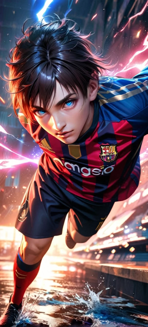 High quality, ultra realistic,absurdres, highres, ultra detailed, HDR, masterpiece, extremely detailed face and eyes,  Lionel Messi,, , solo, ,man, handsome, , , red and blue  splashing effect,red and blue lightning  effect,glowing glitters , 