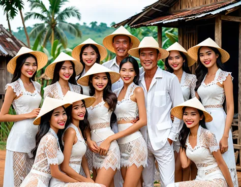 a charismatic man, exuding confidence and charm, stands surrounded by seven young vietnamese women dressed in white lace outfits...