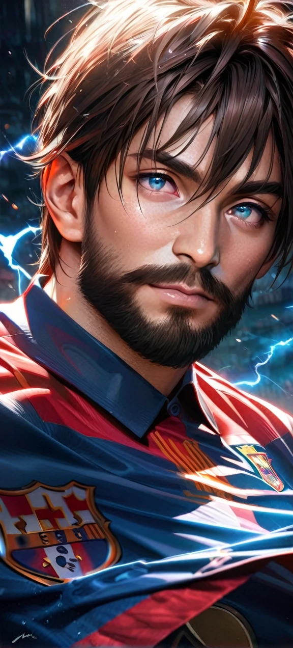 High quality, ultra realistic,absurdres, highres, ultra detailed, HDR, masterpiece, extremely detailed face and eyes,  Lionel Messi,, , solo, ,man, handsome, ,beard , red and blue  splashing effect,red and blue lightning  effect,glowing glitters , 