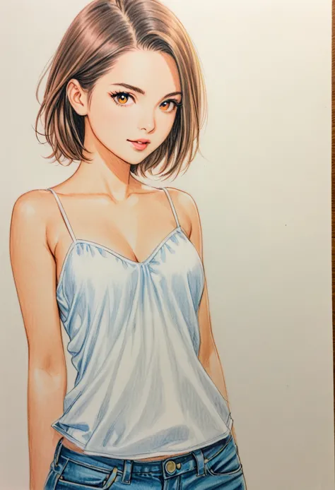  female，short camisole，white，Art，ad，colour pencil drawing，draft drawing 