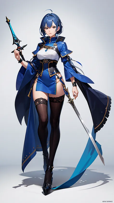 Female Swordsman, Blue Hair, tall, Full body side view, View Viewer, Aggressive, Pure white background