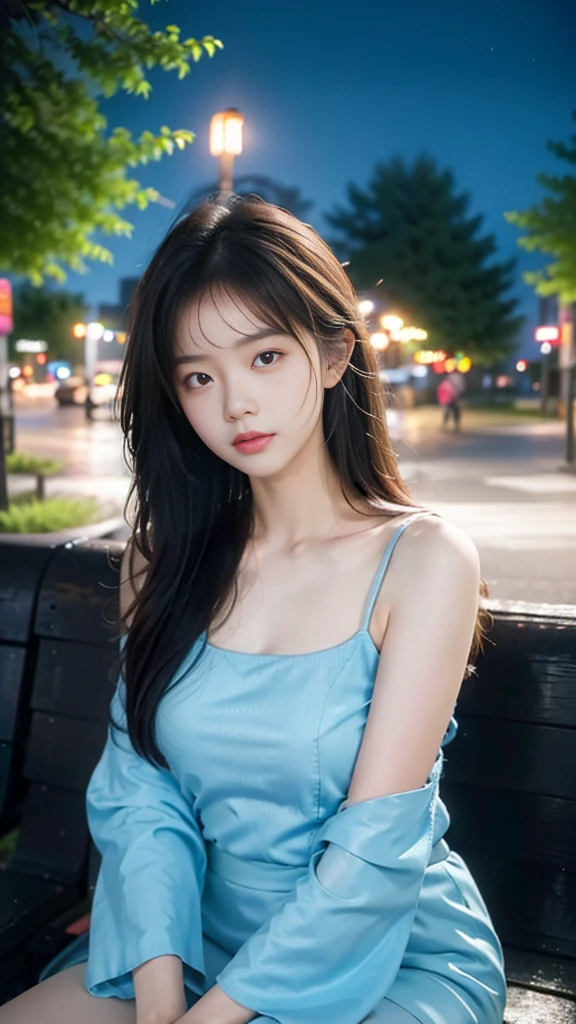 Masterpiece、Ultra-high resolution、8k wallpaper、Photorealistic:1.8、Detailed eyes and lips、Realistic skin、Glowing Skin、In the park at night、Downtown lights、Streetlight、Drunk girl sleeping on a bench、Japanese Girls、Asian Woman
