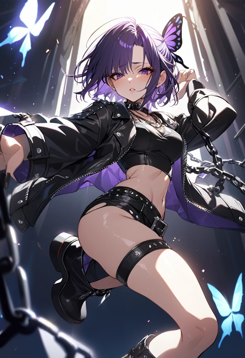 best quality, masterpiece, ultra-detailed, illustration, dynamic pose, shinobu, Shinobu Kocho from demon slayer, butterfly hairpin, purple short hair, (perfectly proportionate body), eyeliner, tired,wearing a leather jacket, adorned with studded accessories, platform boots, layered necklaces, bold patterns, (torn fishnets), dramatic makeup, black nail polish, oversized rings, chains and buckles, black lipstick, busty body, wearing a crop-top, close-up shot, glossy lips, cinematic lighting, volumetric lighting, vibrant colors, ray tracing, 